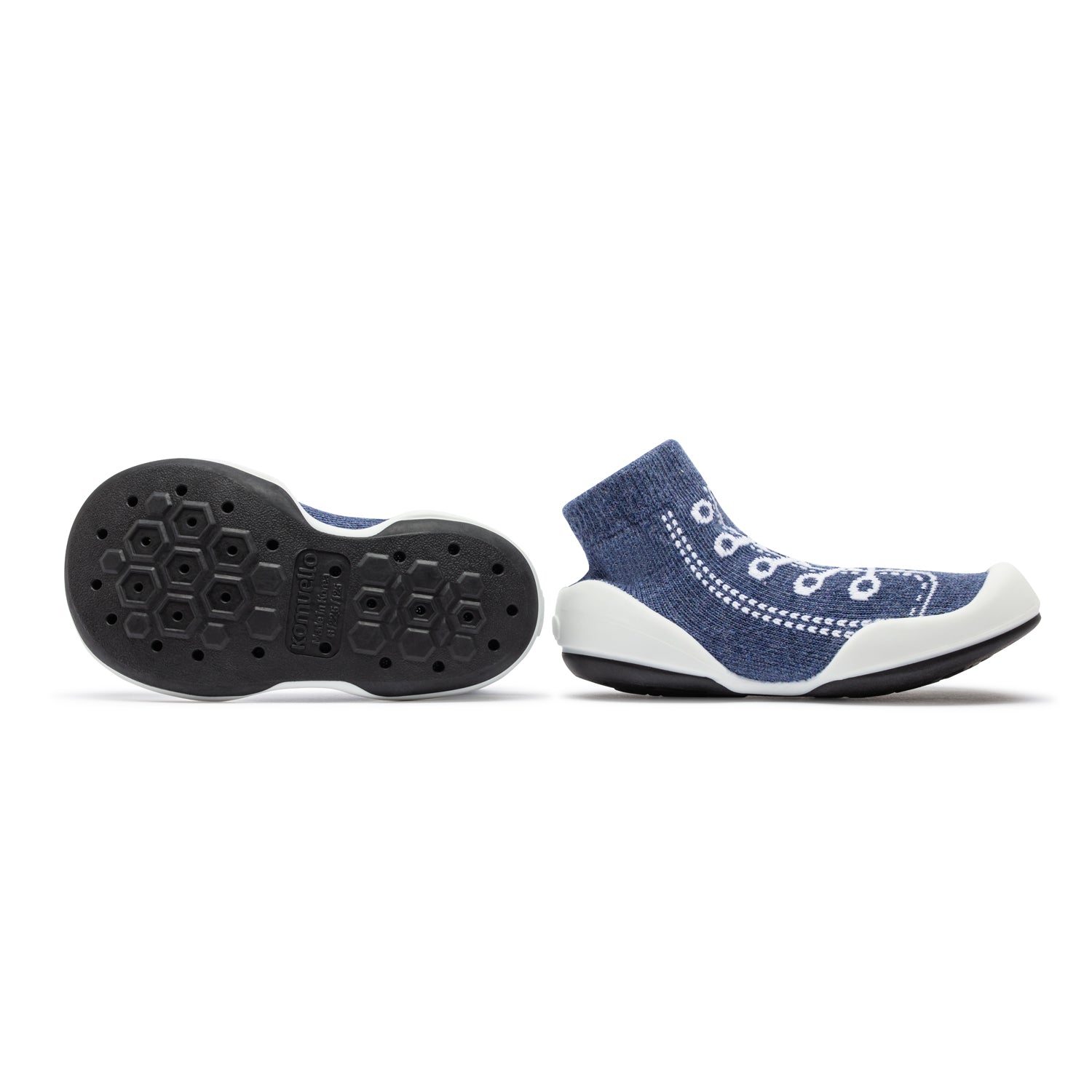 Two blue, knitted shoes on a white background. One shows the sole, the other is in profile.