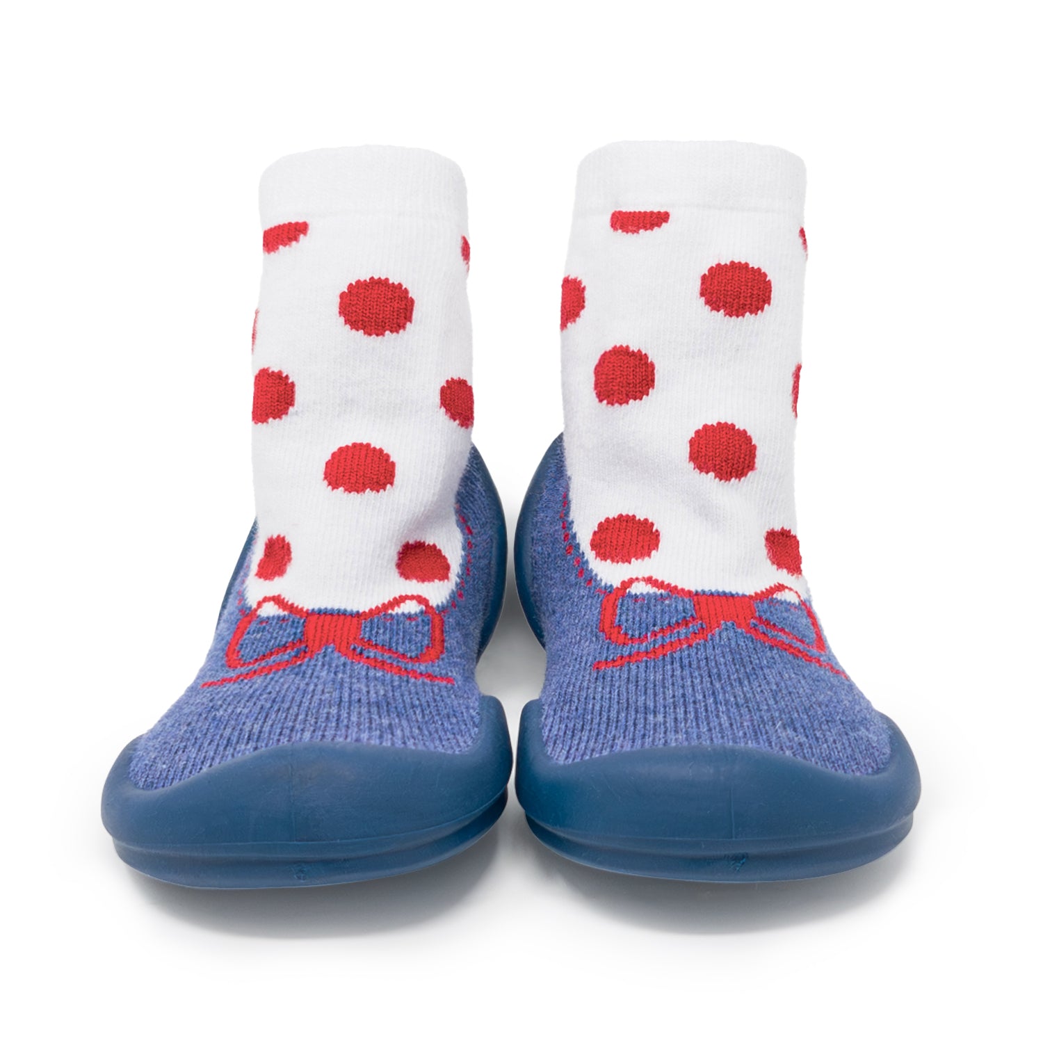 Pair of blue sock shoes with red dots.