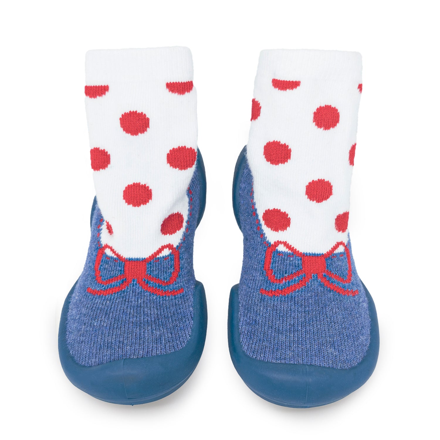 Two baby slipper socks with red dots and bows.