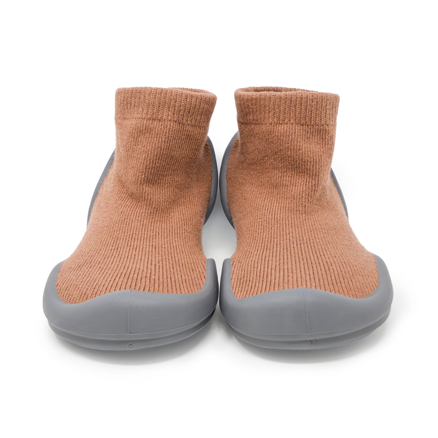 Pair of brown and gray sock shoes.