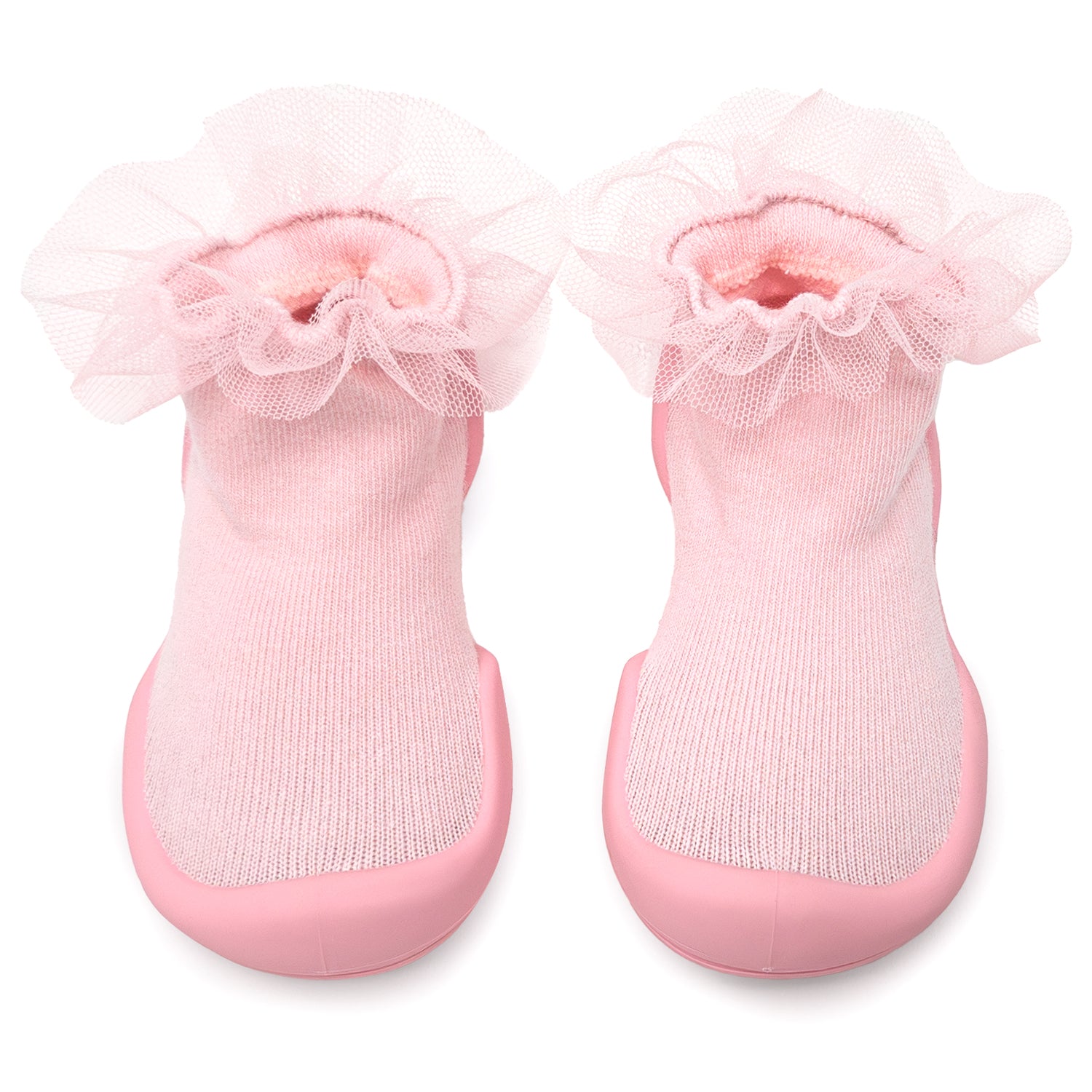 Pair of pink baby socks with lace trim and rubber soles.