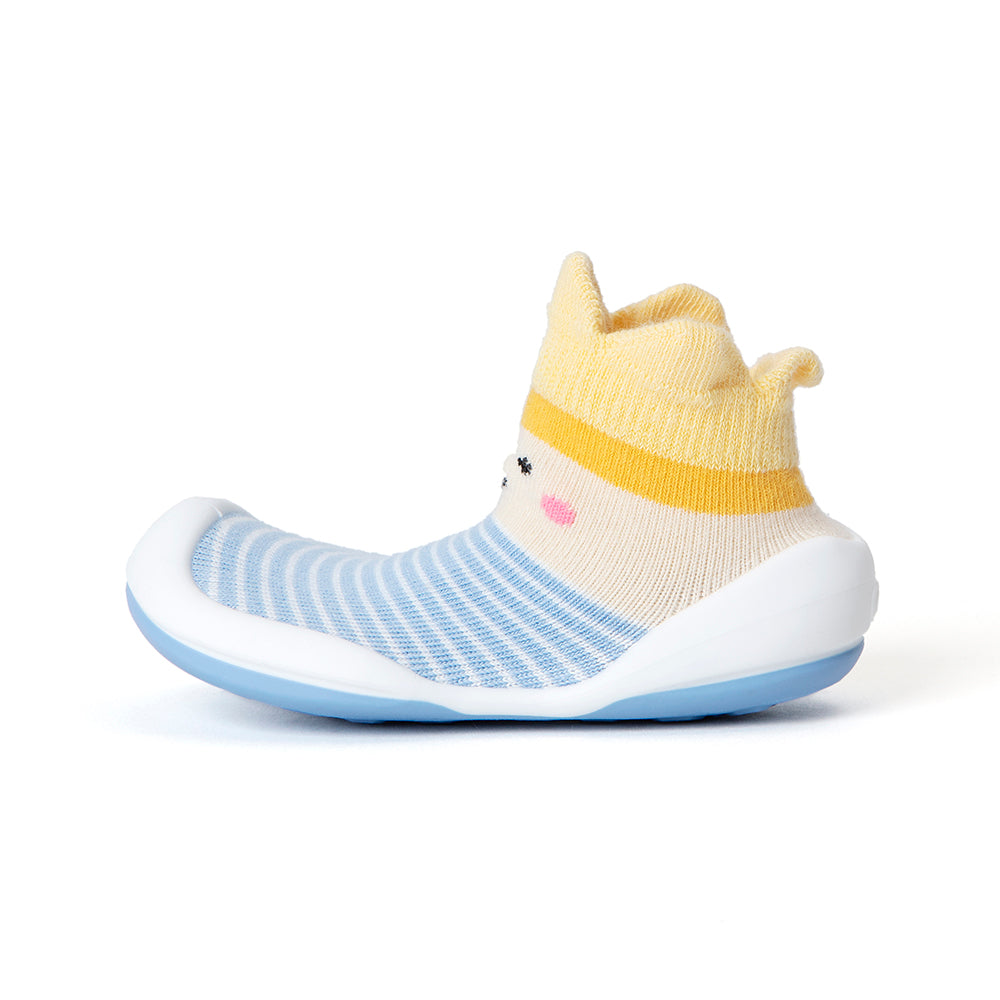 Sock-shoe with blue stripes, yellow accents, and a cartoon face.