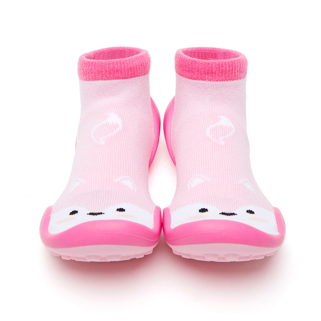 Pink socks with pink soles and fox faces.