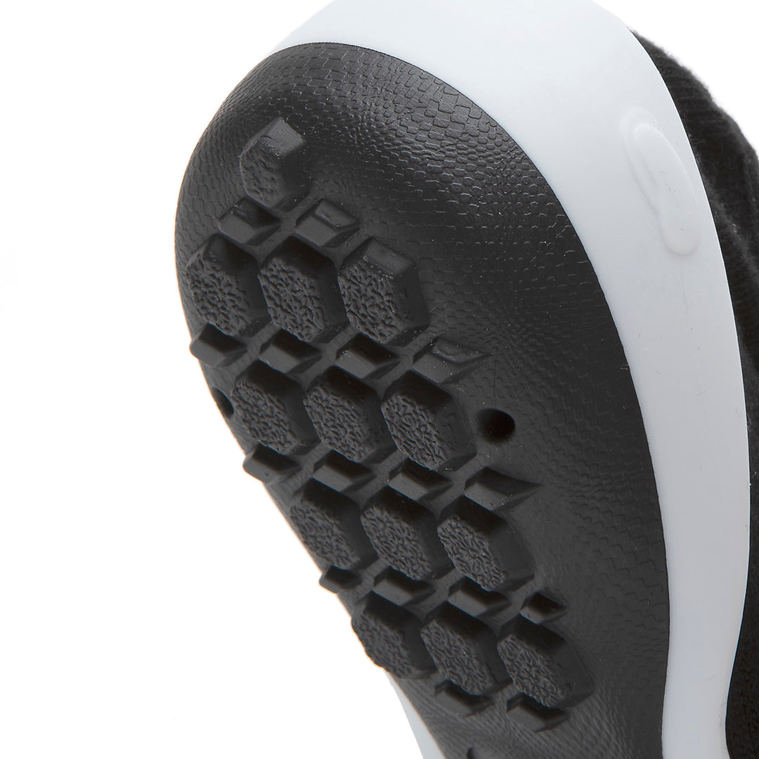 Close-up of a black shoe sole with a white stripe.