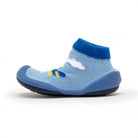 Blue sock shoe with clouds and a yellow and blue plane design.