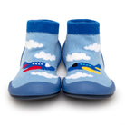 Pair of blue baby slipper socks with airplane design.