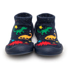 A pair of toddler shoe socks with dinosaur and star patterns.