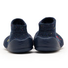 Two blue toddler sock shoes, rear view.
