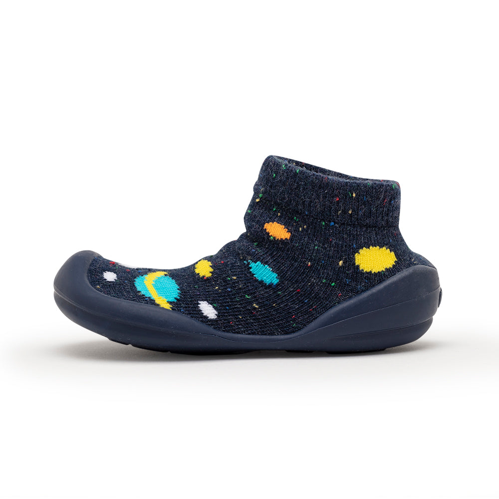 Navy blue sock shoe with colorful planets.