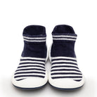 Pair of blue and white striped baby sock shoes.