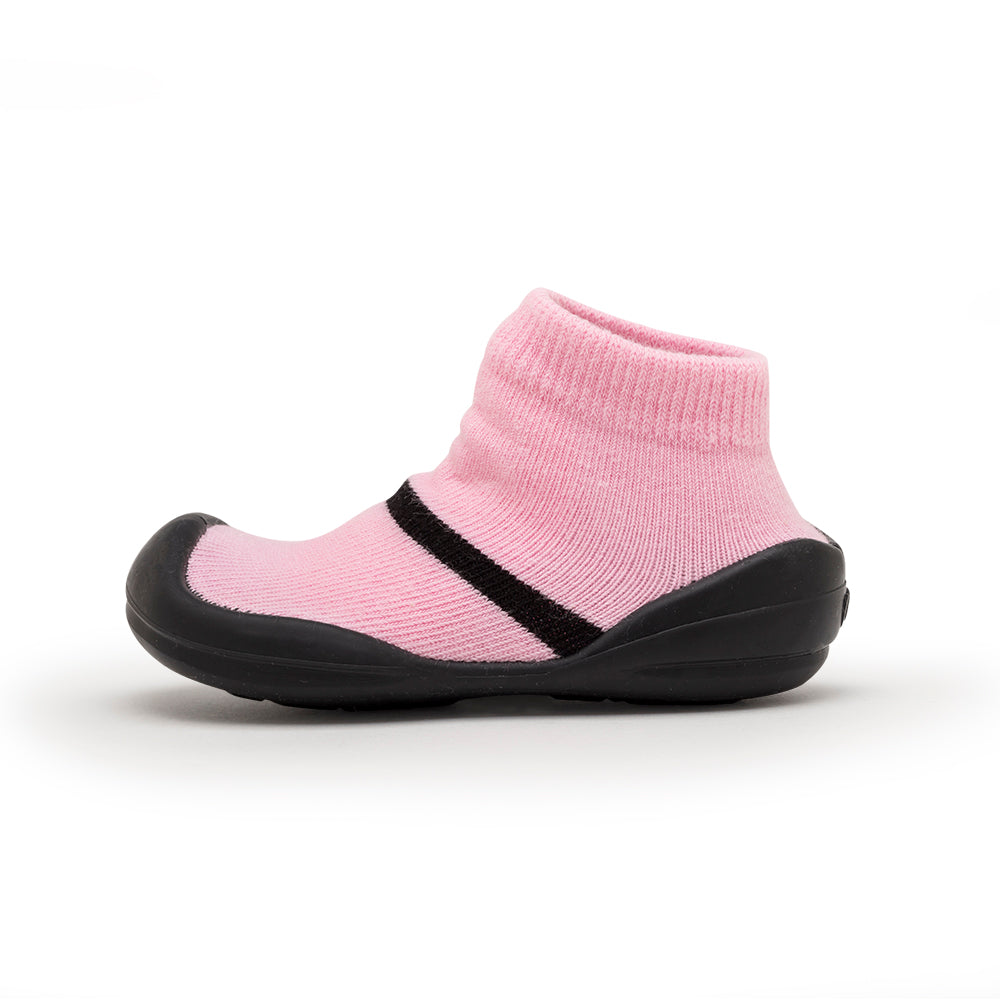 Pink sock shoe with black sole and stripe.
