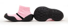 Pair of pink and black knit baby shoes.