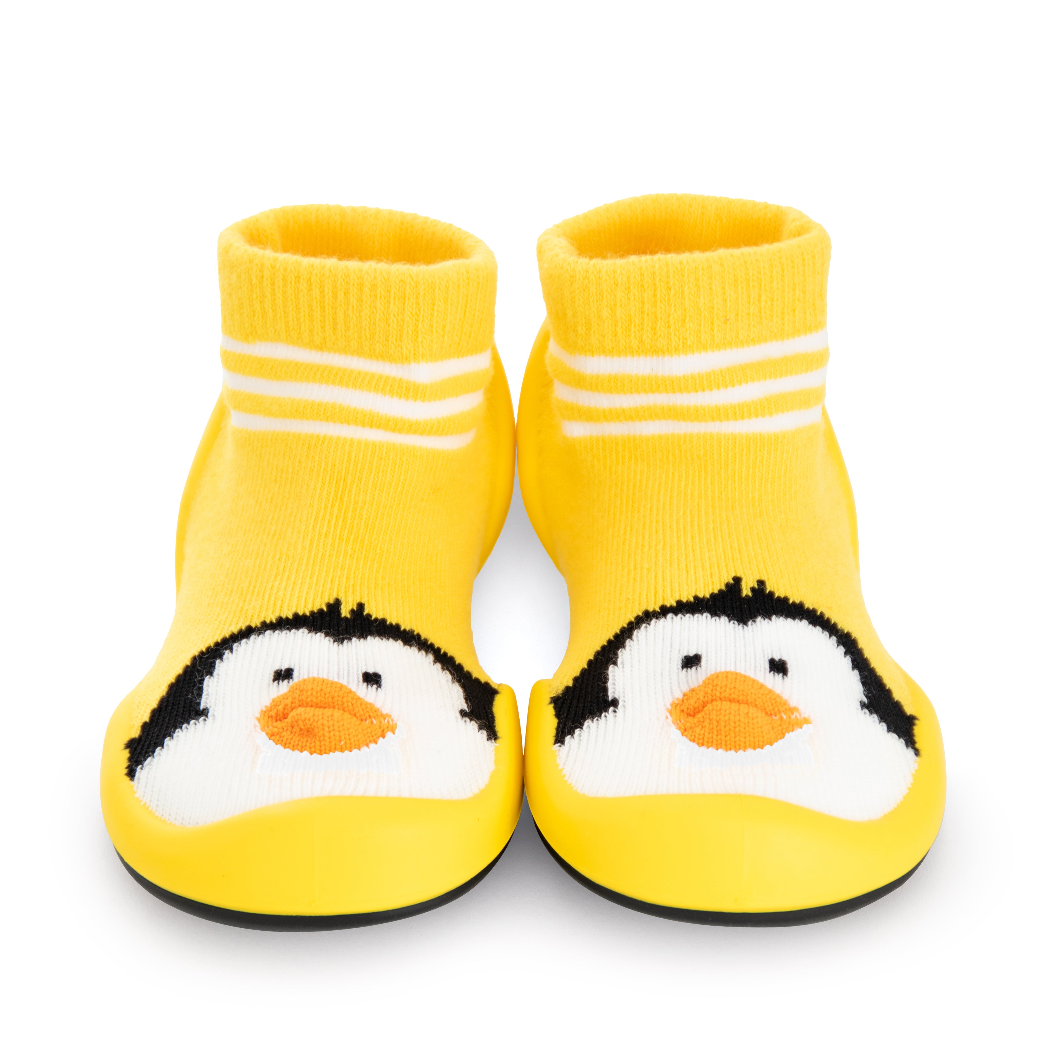 Yellow toddler sock shoes with penguin design.
