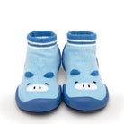 Blue sock shoes with pig design.
