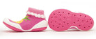 Pink sock-like baby shoe with pineapple design and pink sole.