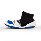 Sock shoe, blue and white toe, black ankle, white sole.