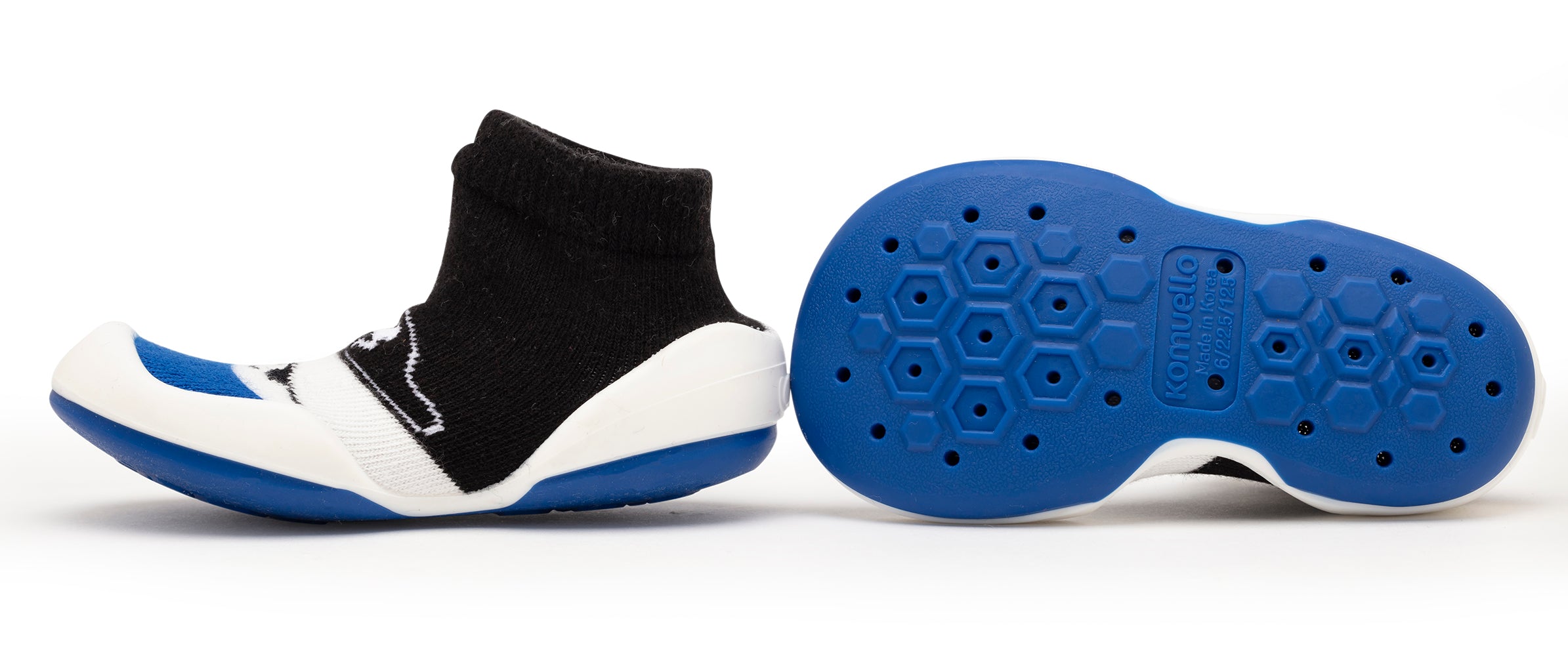 Sock shoes with blue soles.