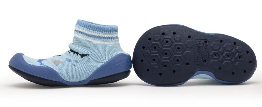 Blue sock shoe with rubber sole, and close-up of sole.