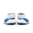 Pair of blue and white baby shoes.