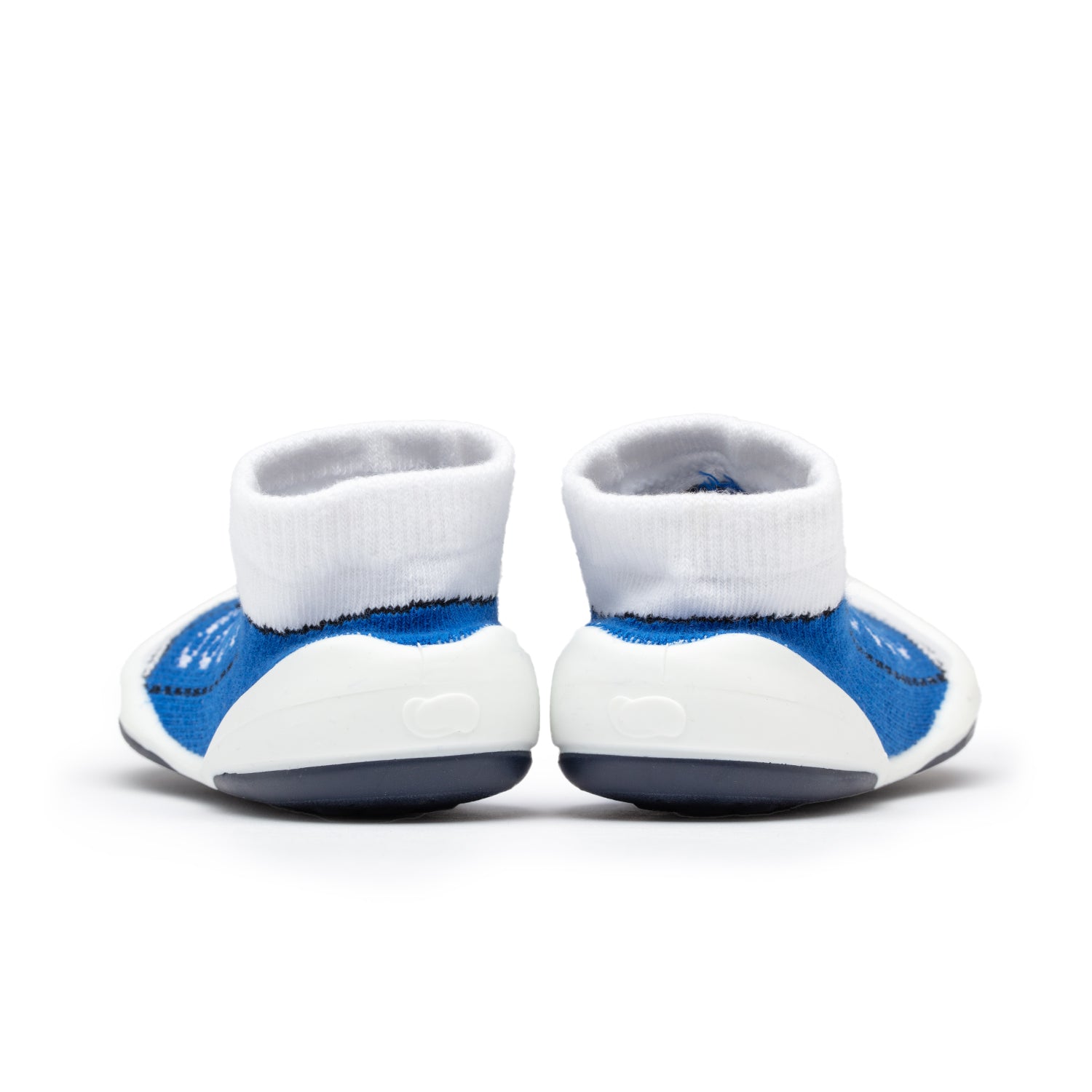 Pair of blue and white baby shoes.