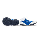 Pair of blue and white baby shoes.