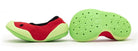 Pair of kids shoes, one resting on its side and the other on its sole. The shoe is watermelon-themed, with red knit uppers, black trim, green sole and toe guard, and black "seeds". The other shoe displays a green sole with honeycomb pattern and small holes.