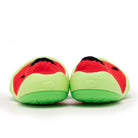 Rear view of watermelon-themed children's shoes.