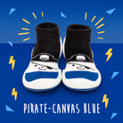 Two pirate-themed socks on blue background.