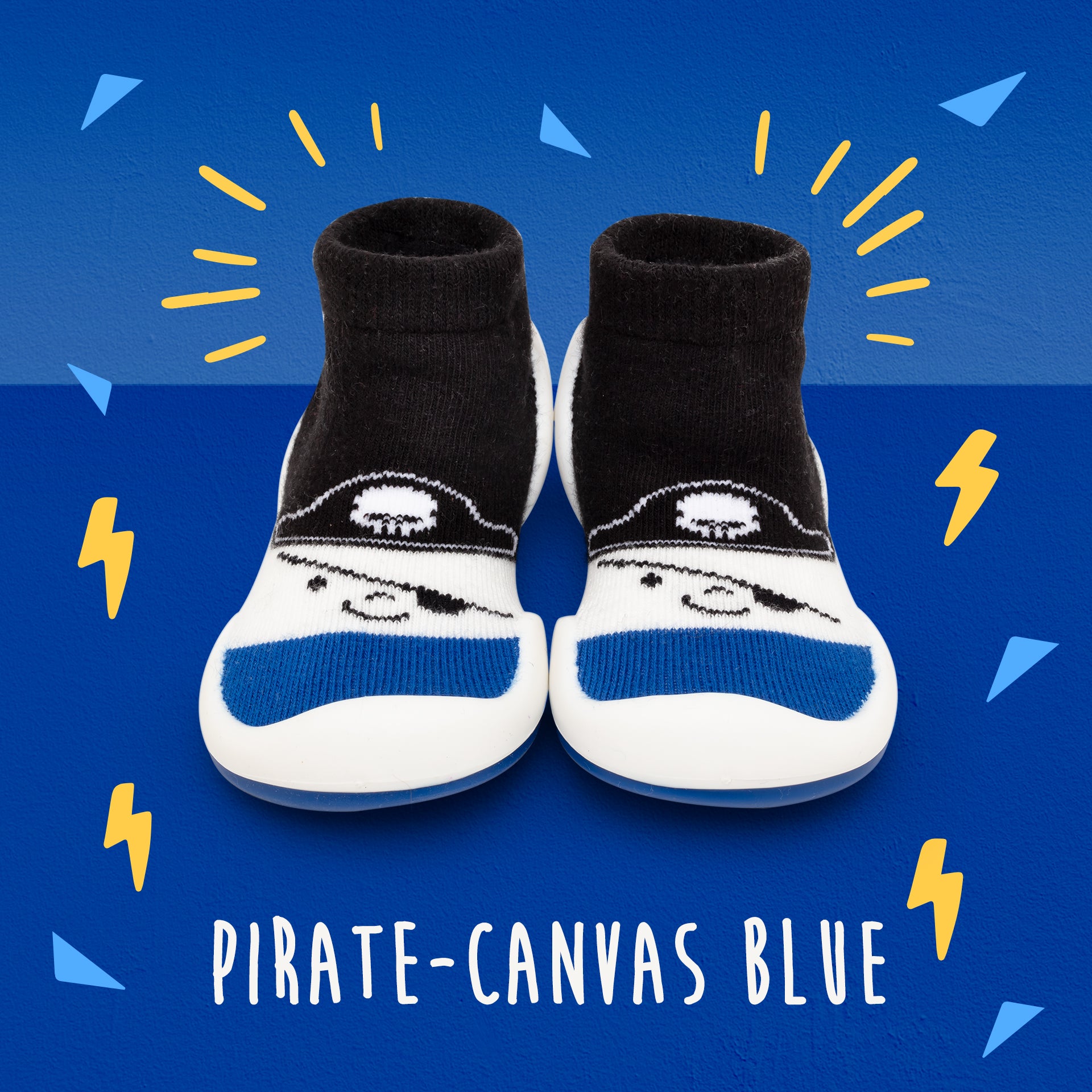 Two pirate-themed socks on blue background.