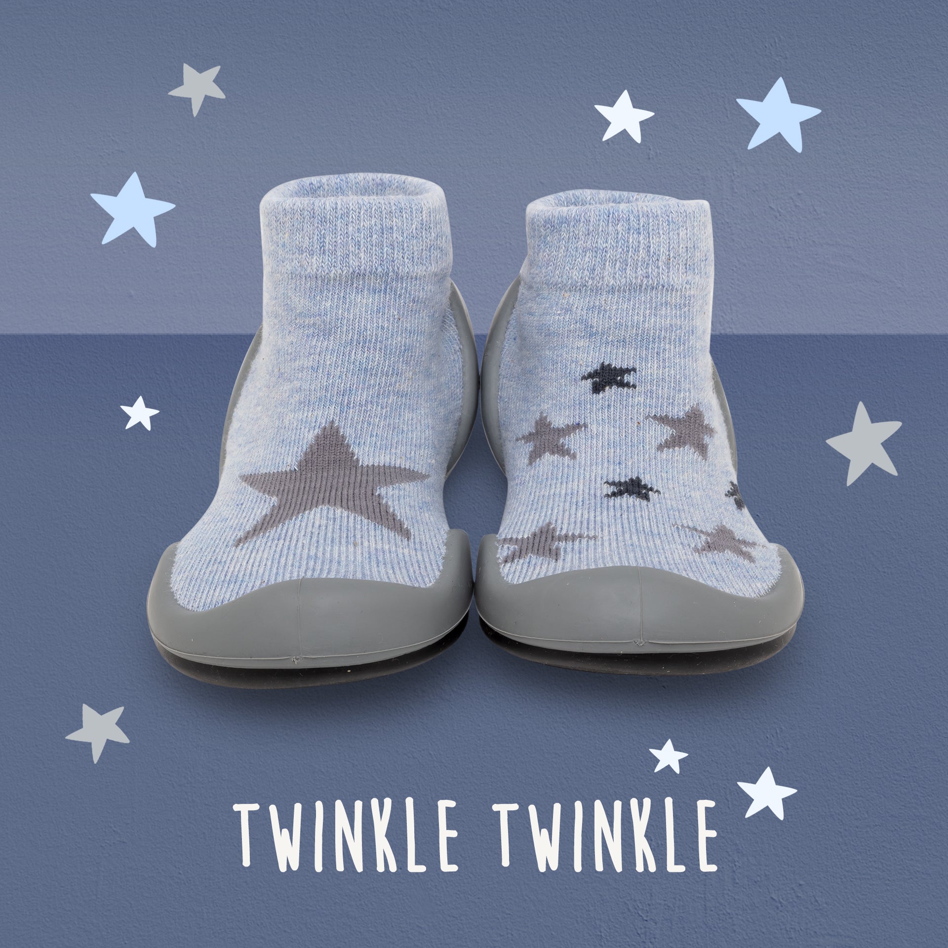 Pair of light blue sock shoes with dark gray stars.