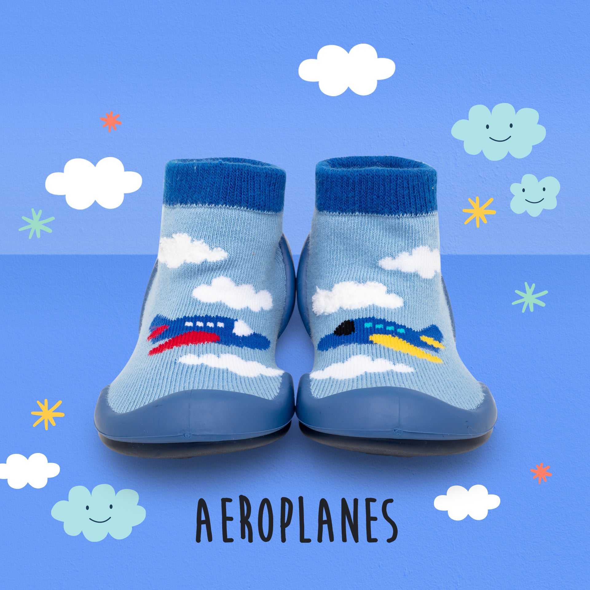 Blue sock shoes with airplane and cloud designs.
