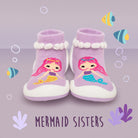 Lilac sock shoes with mermaid sisters design.