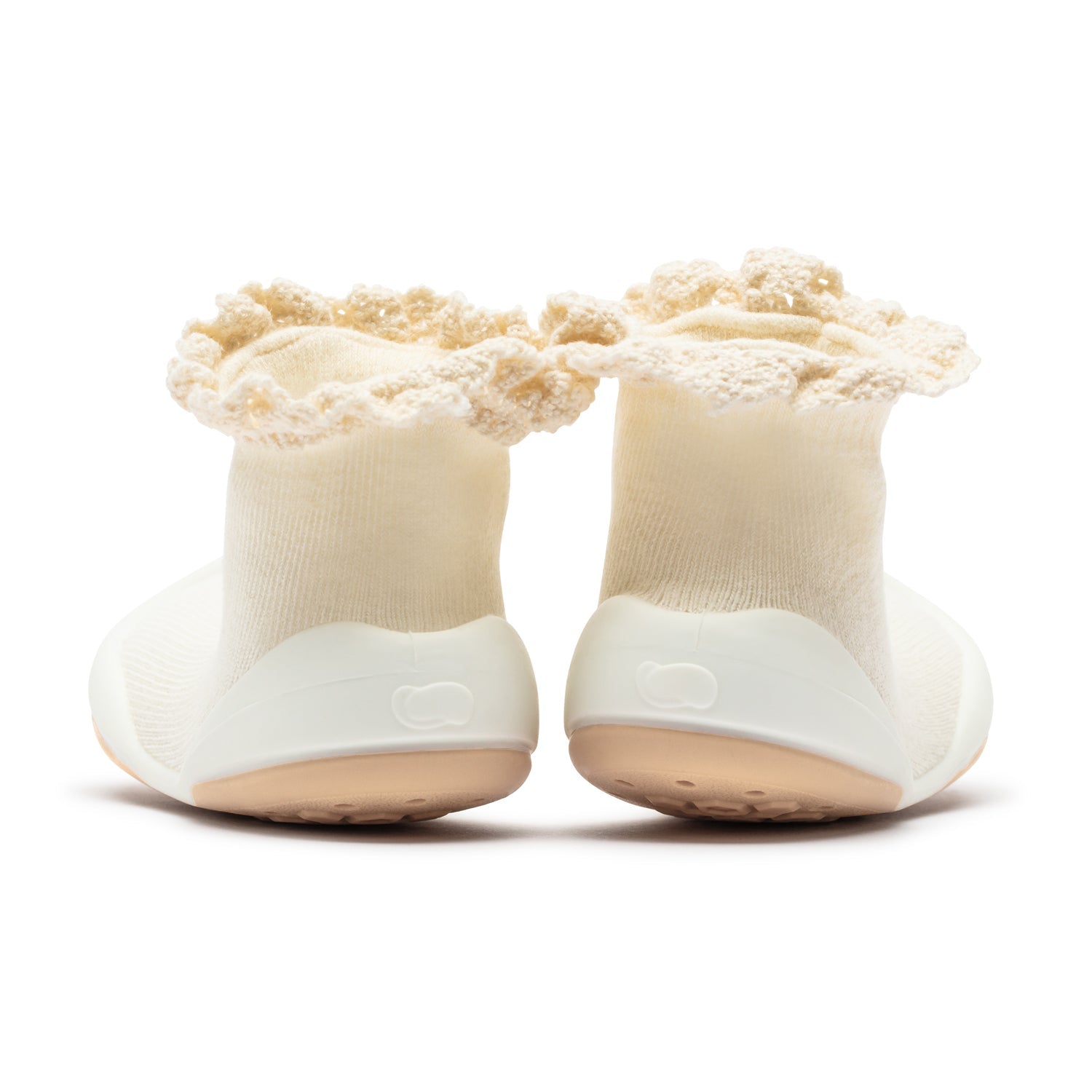 Pair of ivory baby sock shoes with crochet trim.