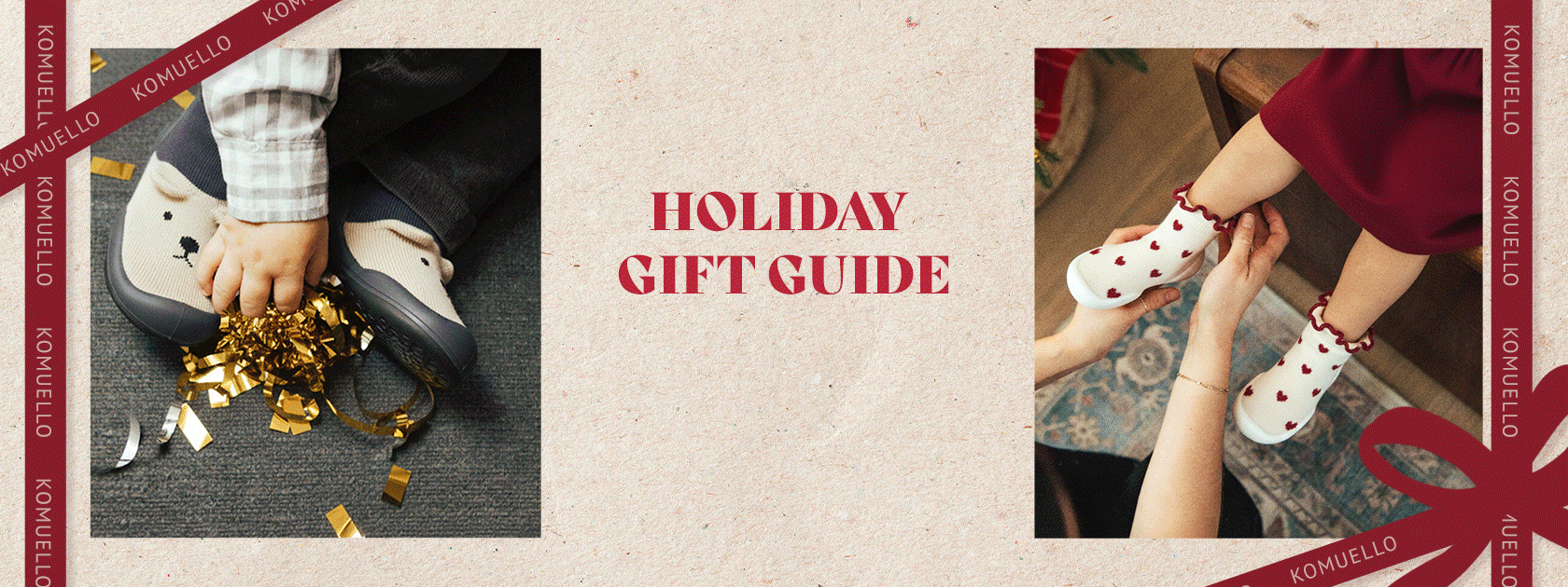 Holiday gift guide banner with various pairs of Komuello sock shoes on a decorative background and ribbons.