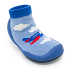 Blue sock-shoe with airplane design.
