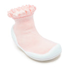 Lace Trim Baby Pink sock shoes with white sole on a white background