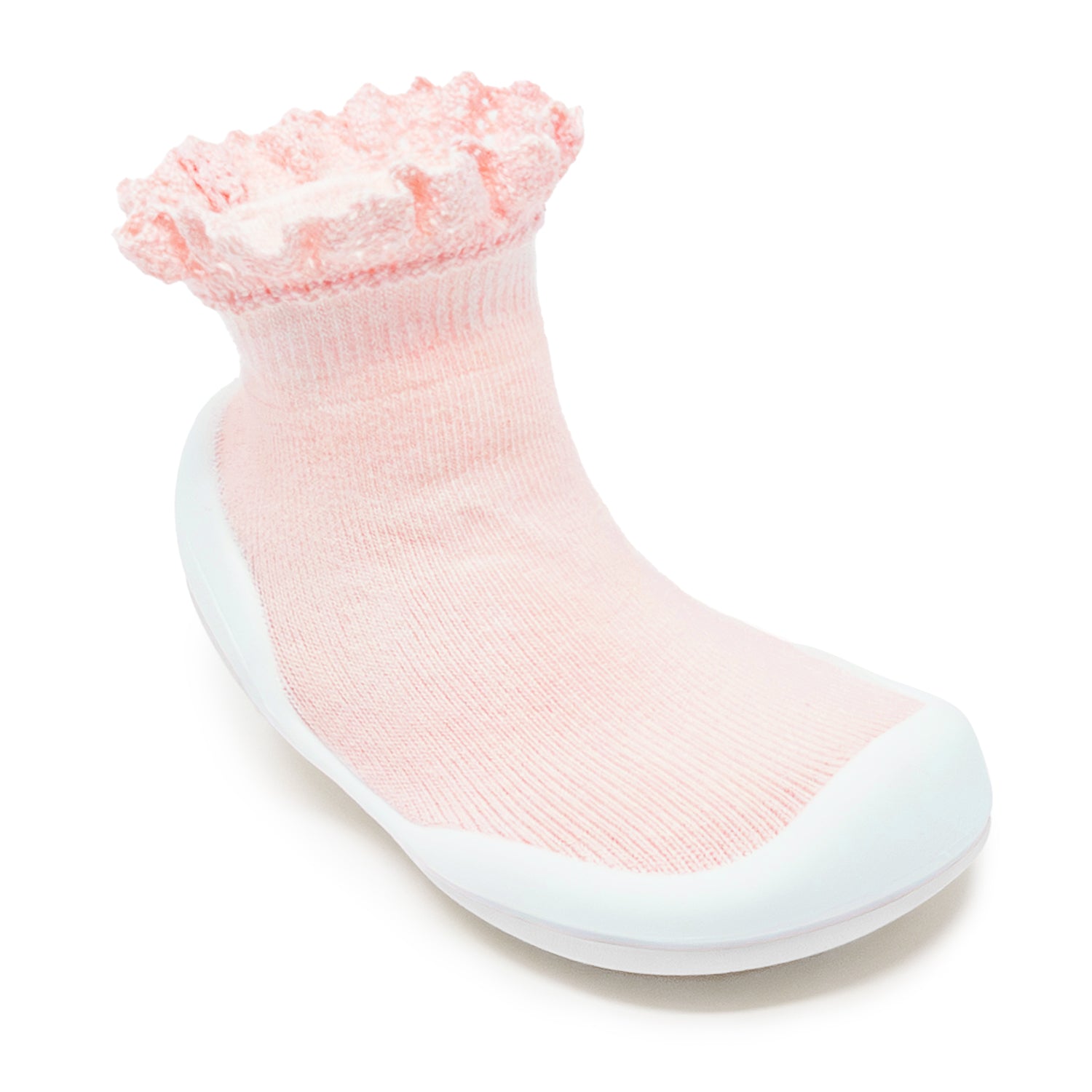 Lace Trim Baby Pink sock shoes with white sole on a white background