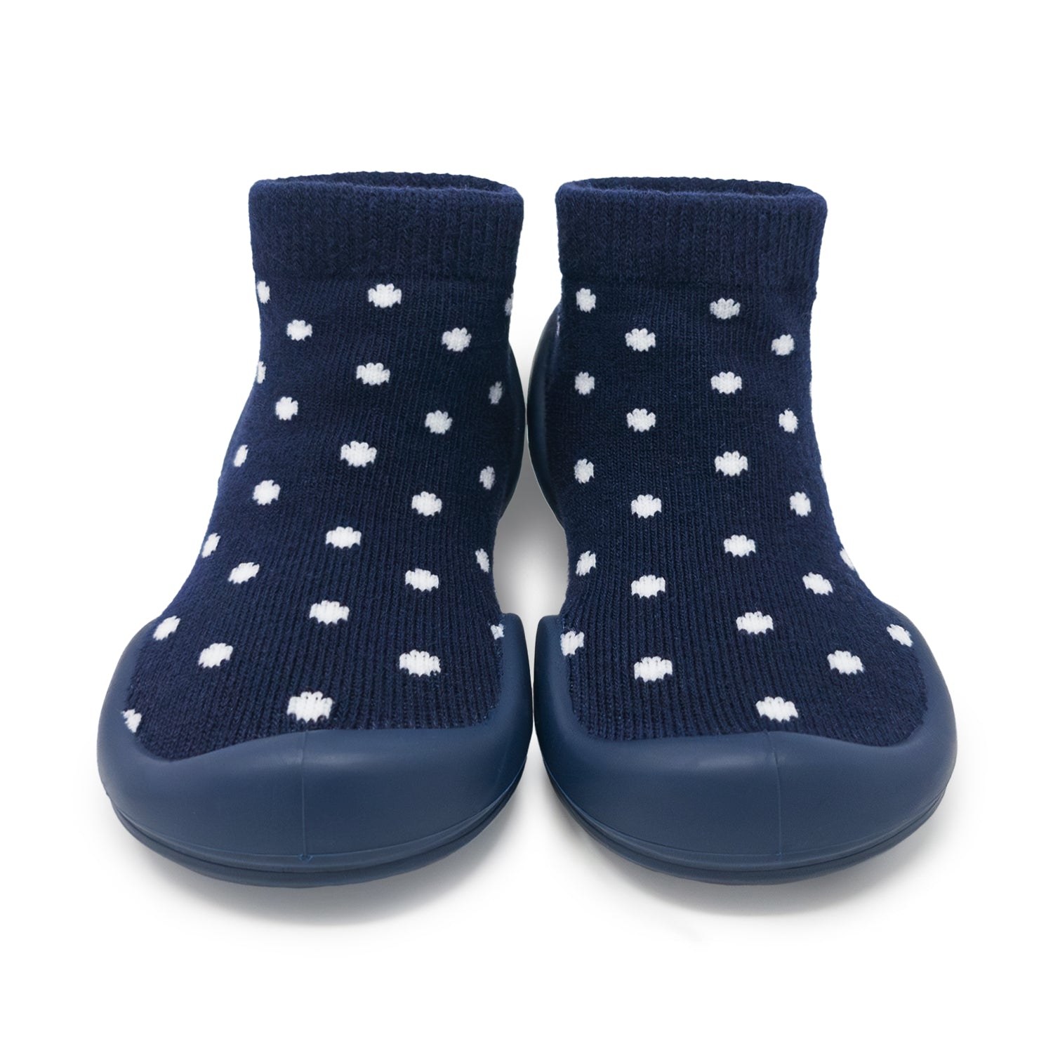 Pair of blue sock shoes with white polka dots.
