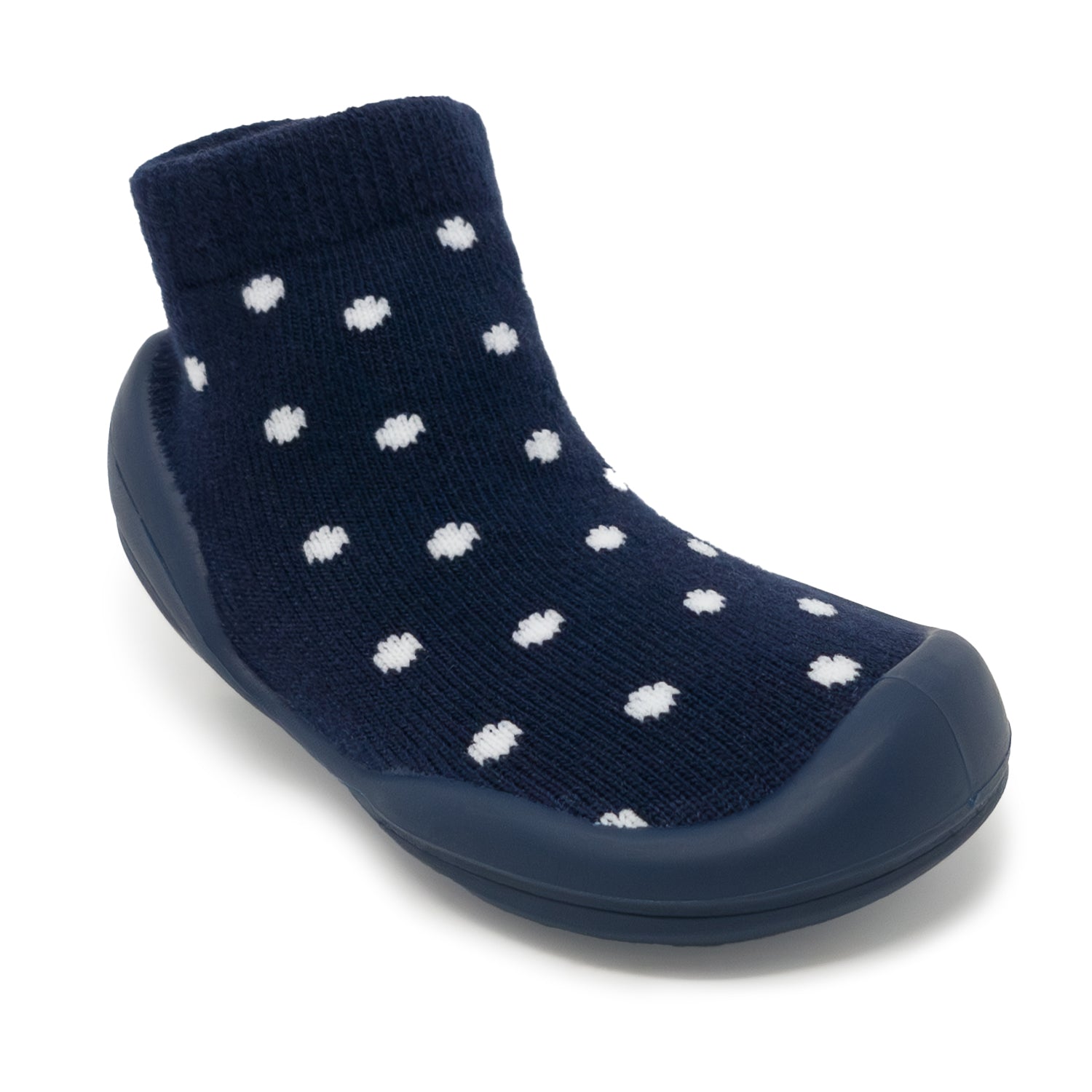 Navy sock shoe with white polka dots.
