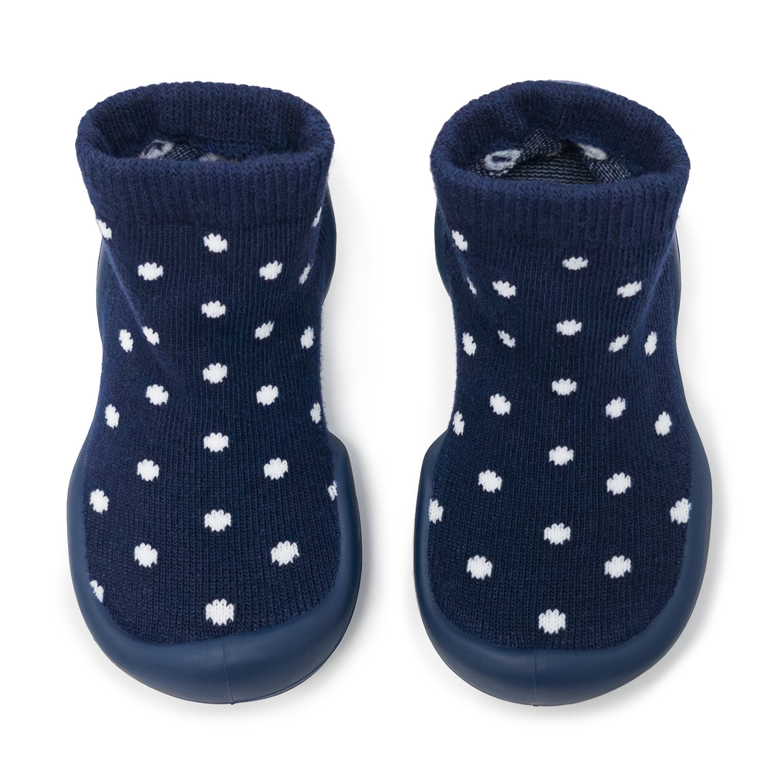 Two blue sock shoes with white dots.
