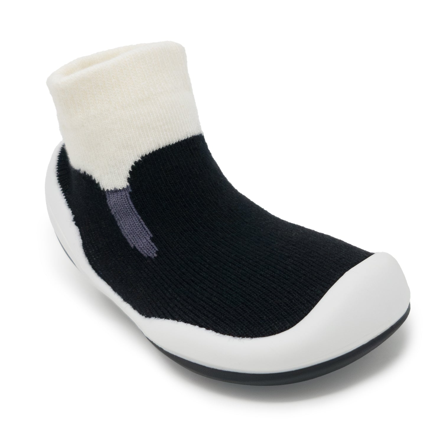 Sock shoe in black, white, and gray.
