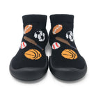Pair of black toddler sock shoes with sports ball design.
