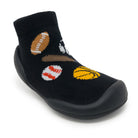 Black sock-slipper with sports ball designs.