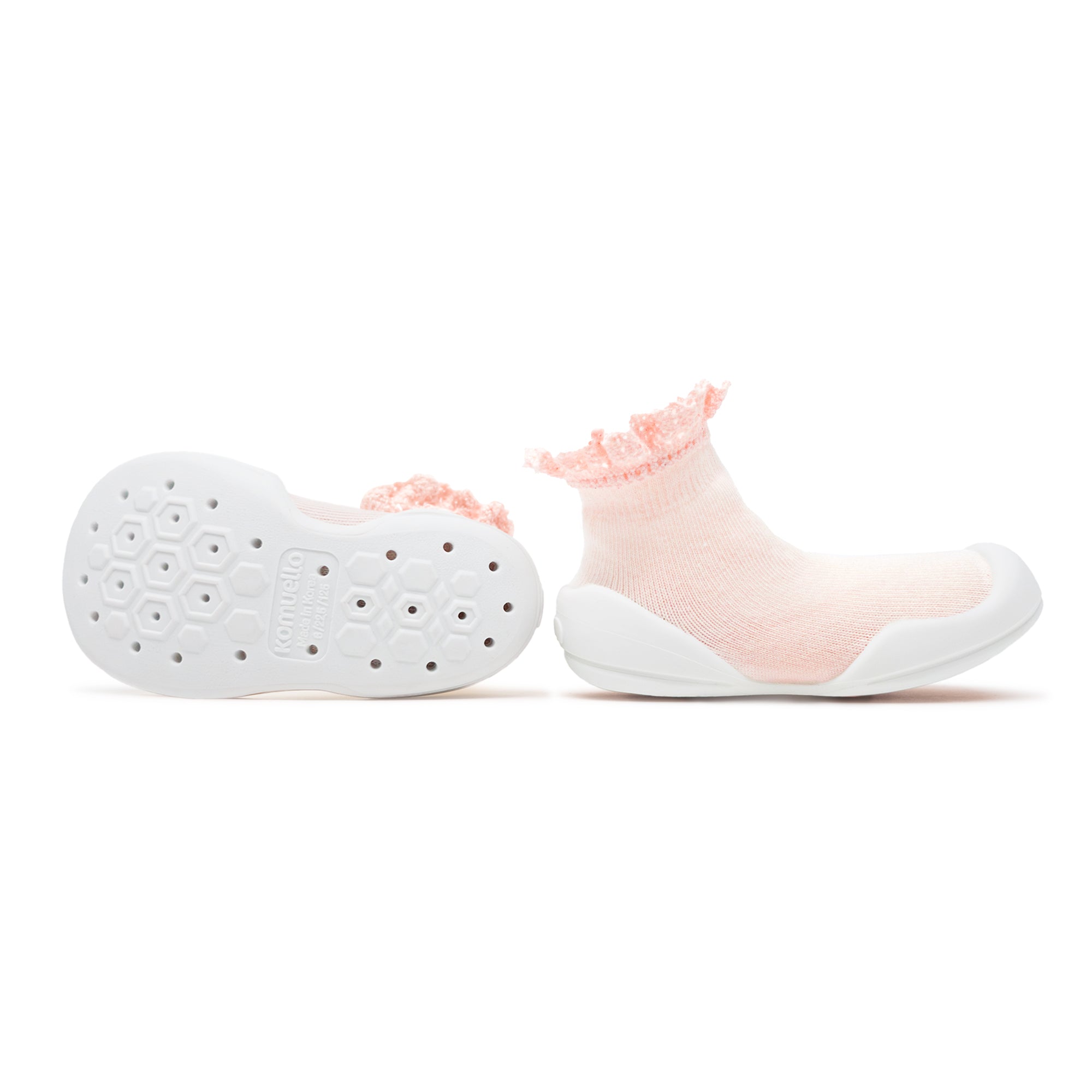 Pair of Lace Trim Baby Pink sock shoes with white soles and pink tops on a white background